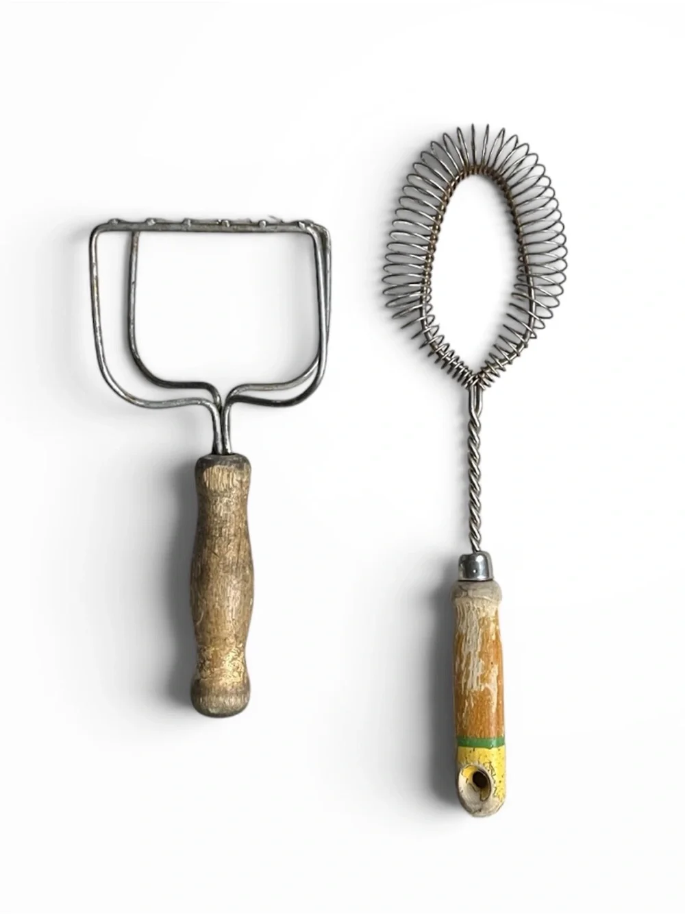 Vintage Wood Handle Coiled Wire Beater Whisk & Potato Masher